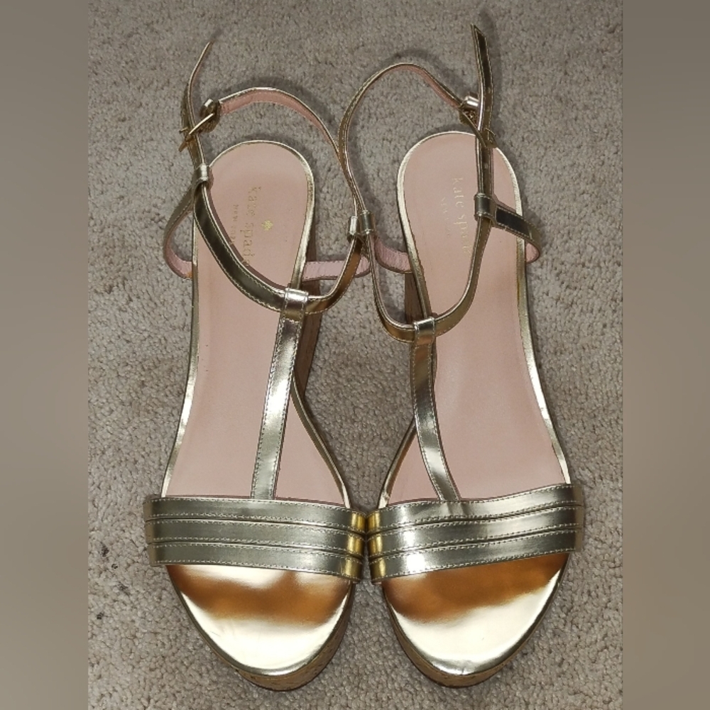Kate Spade Tallinn Metallic Gold Cork Wedge Sandals 11M. NWOB.